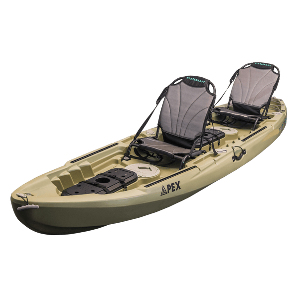 A two-seat PEX brand paddleboard or fishing kayak in olive green, featuring two adjustable gray and black seat harnesses, black foot pegs, and deck accessories, shown on a plain white background.
