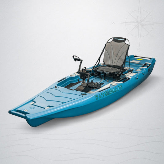Side profile of 12ft ViztaCraft 360 fishing kayak with pedal drive system