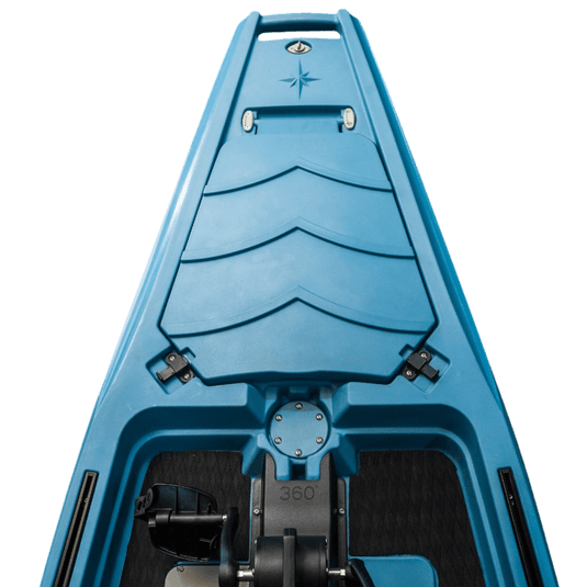Large storage hatch on 360 degree prop drive fishing kayak open for gear