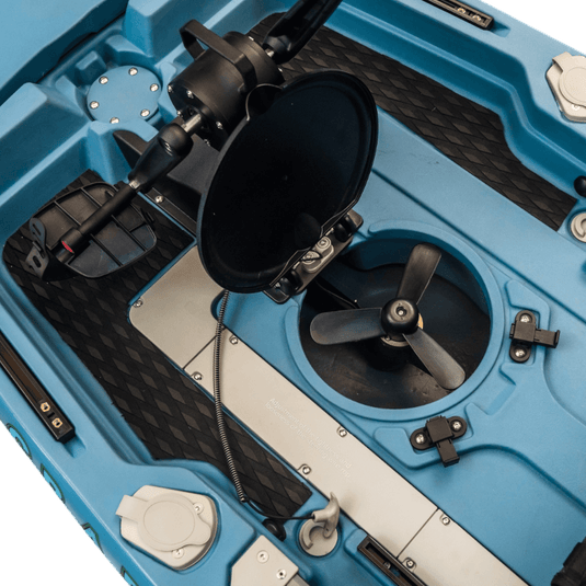 Flip-up prop drive raised for shallow water navigation on pedal kayak