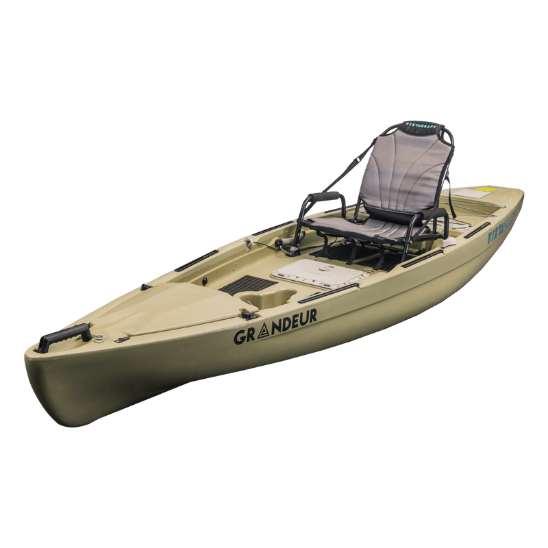 Load image into Gallery viewer, A Grandeur brand sit-on-top fishing kayak in a light olive-tan color, featuring a high-back adjustable seat with a gray backrest, shown on a plain white background.

